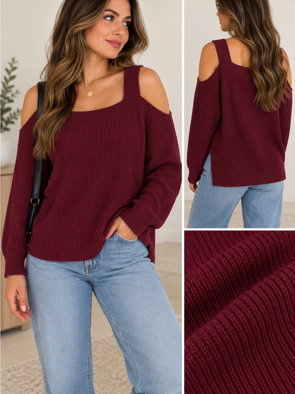 Hooked Up by IOT Burgundy Cold-Shoulder Ribbed Sweater